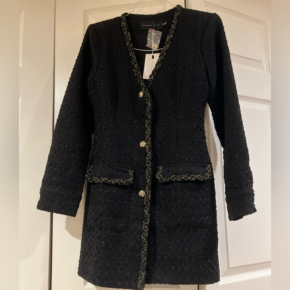 Black tweed dress with gold trim detail. BRAND NEW. WITH TAGS.